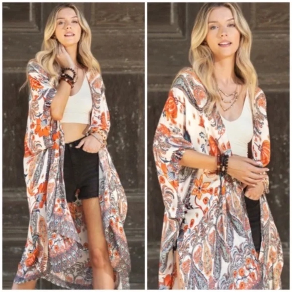 Alabaster Dobby Jacquard Intricate Jacobean Motif Boho Bohemian Kimono Wrap Top